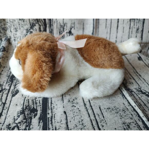 vtg Baby Beagle Dog Plush Beanbag Soft Stuffed Toy 8in Brown White Pink Bow - Picture 2 of 6